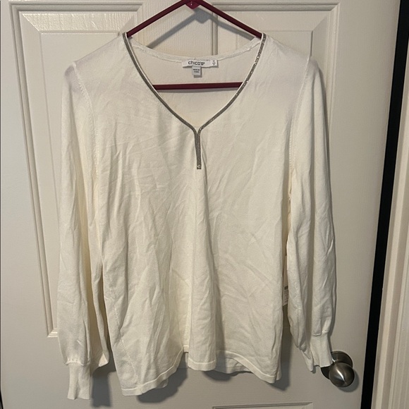 Chico's Cream Long Sleeve Blouse with Gray Trim - Picture 1 of 6